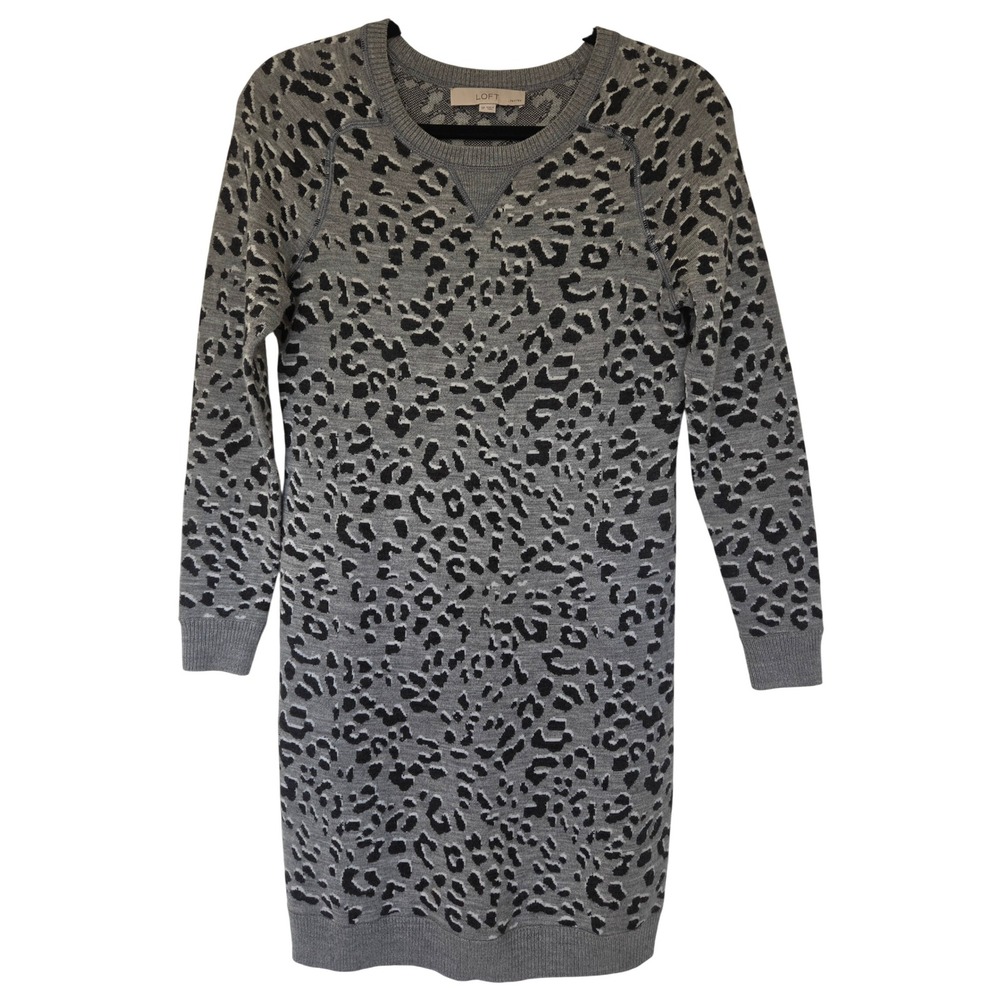 Loft Petites Leopard Print Wool Blend Knit Sweater Dress Size SP Fall Cozy Indie